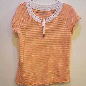 Hannah, M, Orange Striped Women's Top with Crochette Neck